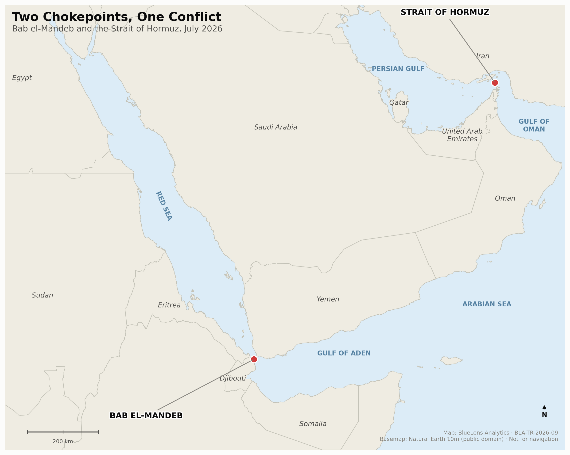 A locator map of the Bab el-Mandeb and the Strait of Hormuz, with Egypt, Sudan, Eritrea, Djibouti, Somalia, Saudi Arabia, Yemen, Oman, the UAE, Qatar, and Iran labeled, and the Red Sea, Gulf of Aden, Arabian Sea, Persian Gulf, and Gulf of Oman marked.