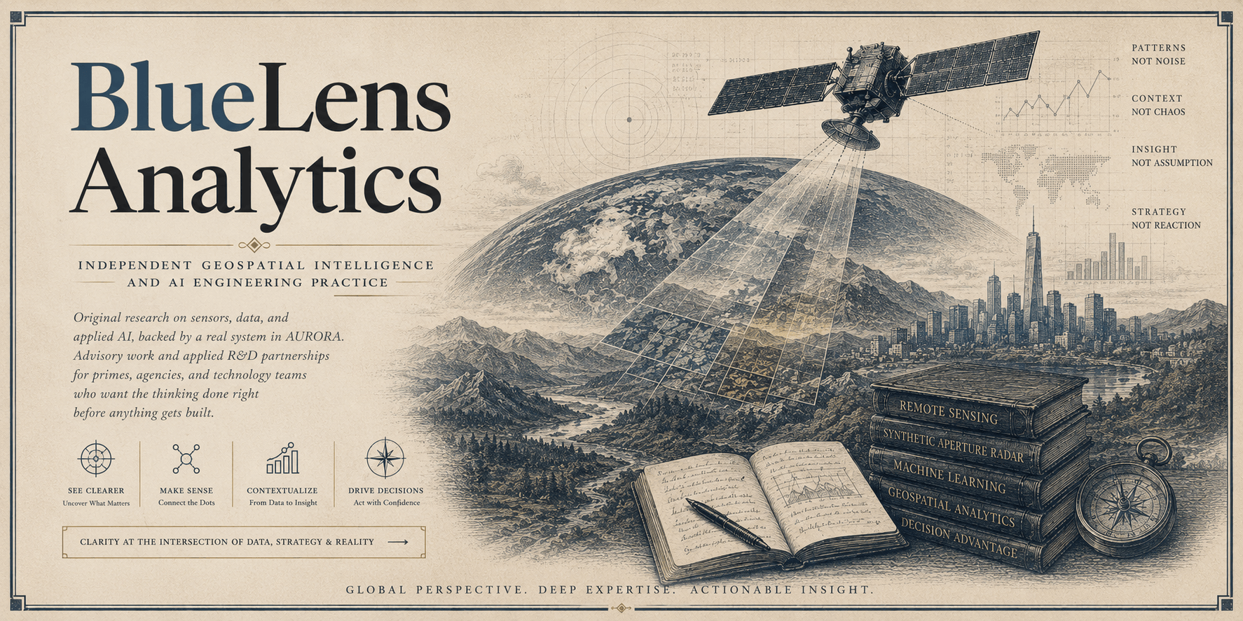BlueLens Analytics: independent geospatial intelligence and AI engineering practice. Original research on sensors, data, and applied AI, backed by a real system in AURORA. Clarity at the intersection of data, strategy, and reality. Global perspective, deep expertise, actionable insight.